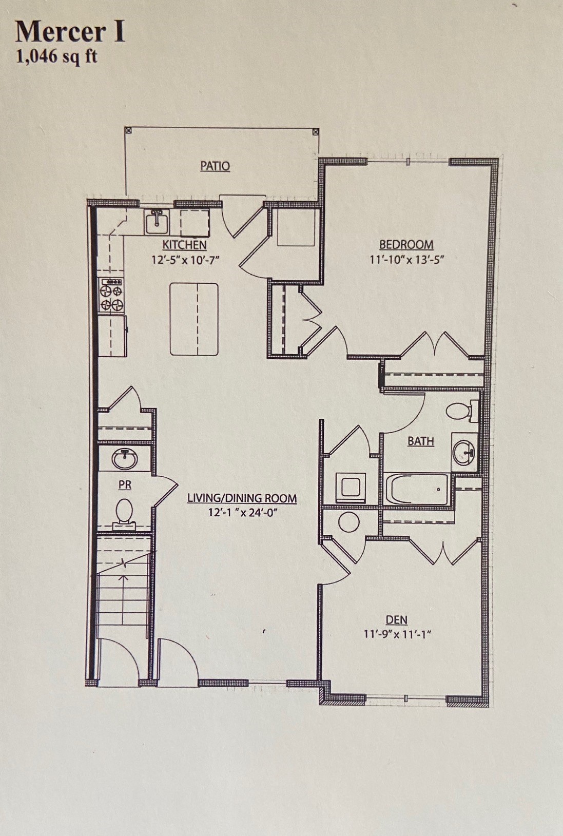 Floor plan for 1 bed, 1.5 baths, 1046 sqft